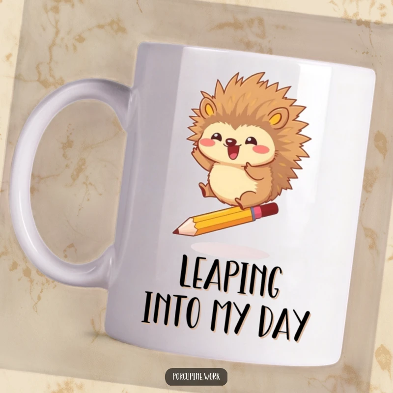 Funny mug featuring a porcupine gleefully jumping over a pencil, symbolizing overcoming challenges with energetic humor.