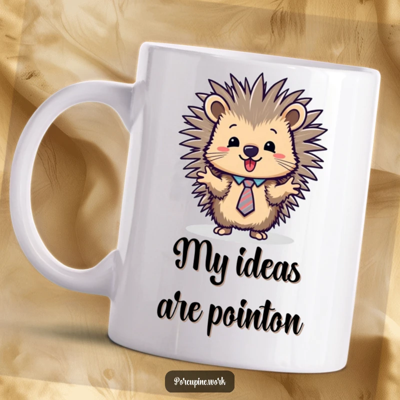 Funny porcupine in a tiny tie enthusiastically giving a business presentation, holding a pointer and looking determined.