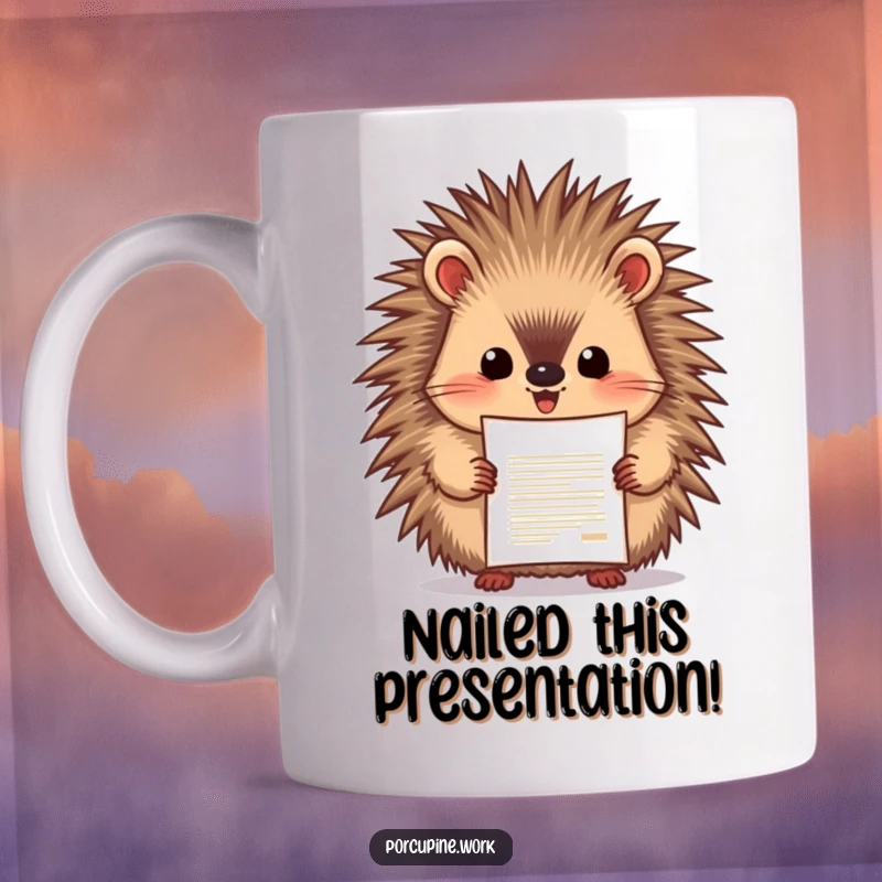 Funny porcupine enthusiastically presenting a document with pride, looking successful and happy, perfect gift for achievers.