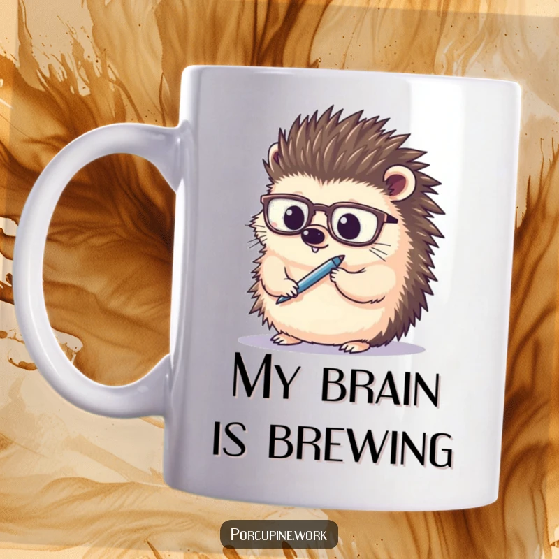 Funny porcupine wearing spectacles, thoughtfully holding a pen, looking intelligent and ready to write, perfect gift for scholars.