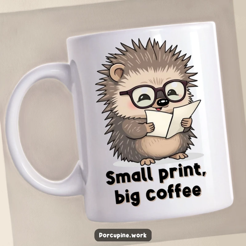 Funny mug featuring a studious porcupine wearing glasses and reading a tiny document, embodying intelligence and humor.