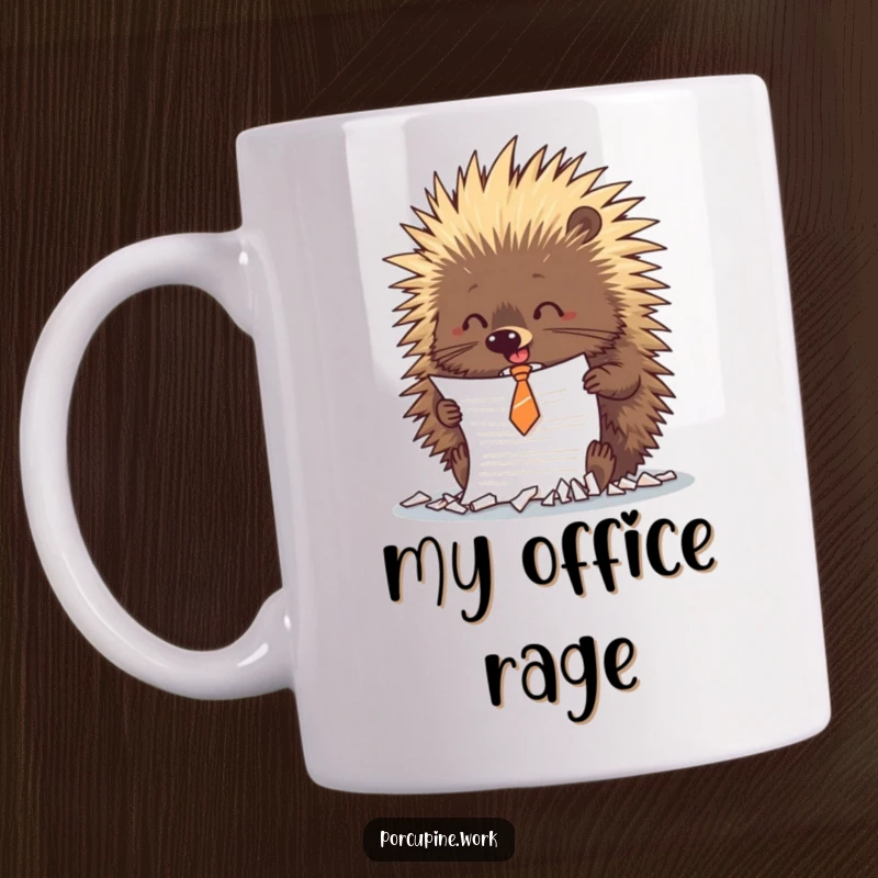 Funny porcupine in a small tie playfully shreds a document, symbolizing office frustration on this humorous mug.