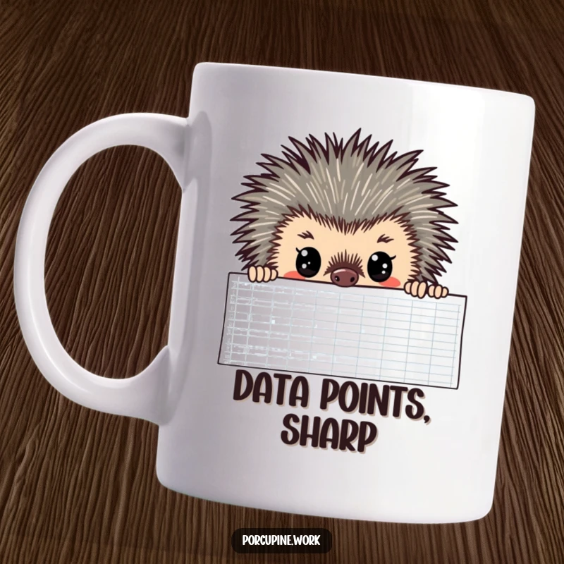 Funny Mug featuring a porcupine with wide, intensely focused eyes peeking over a large, complex spreadsheet, symbolizing dedication.