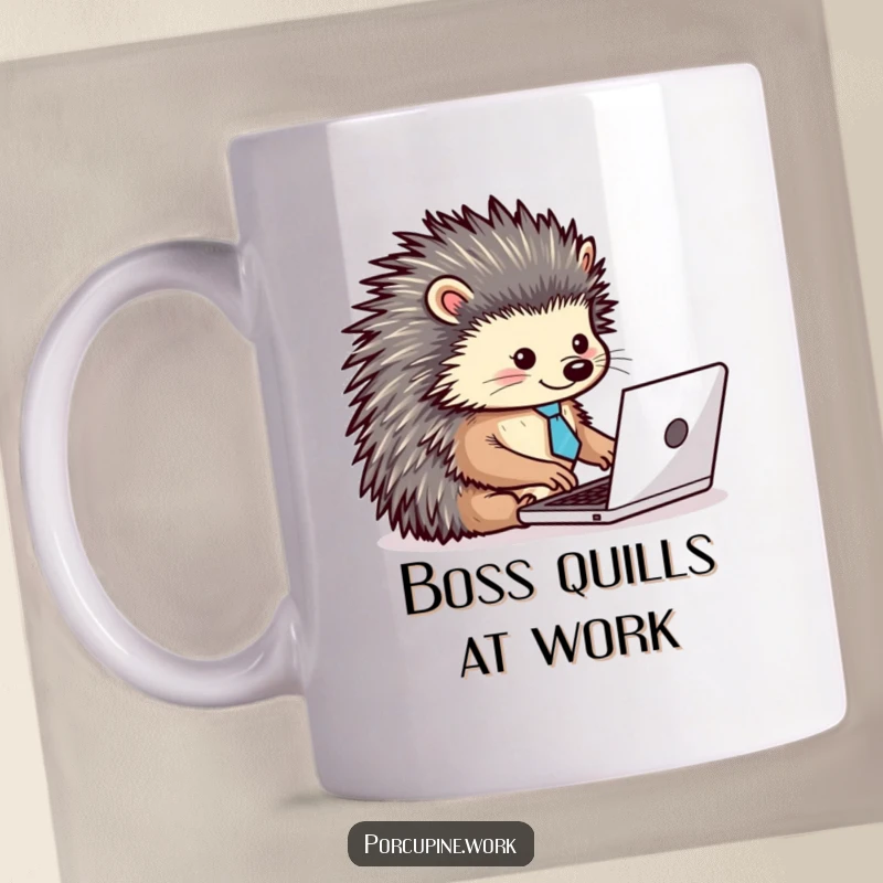 Funny mug showing a porcupine wearing a tiny tie, typing energetically on a laptop, embodying focused humor and productivity.