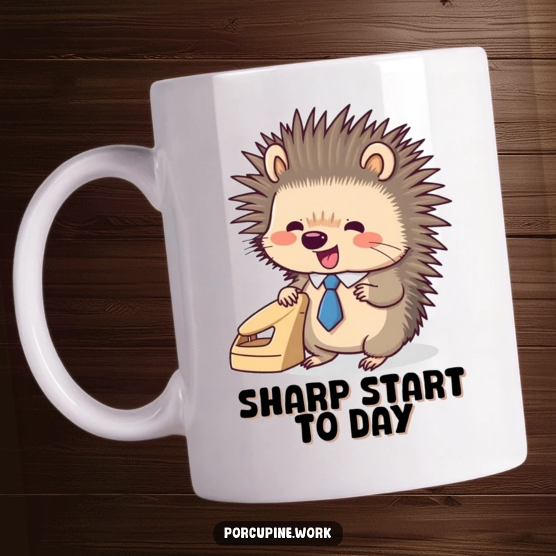Funny porcupine wearing a small tie, enthusiastically using a hole punch, looking sharp and busy on this mug.