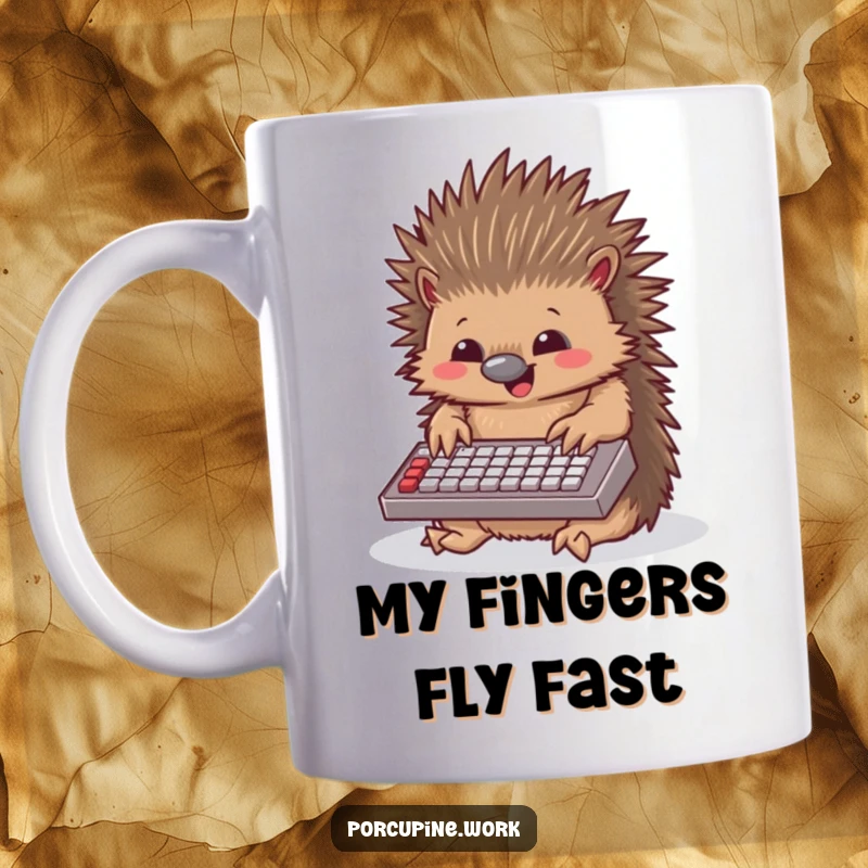 Funny porcupine mug with a porcupine enthusiastically typing on a tiny keyboard, looking absolutely delighted with its work.
