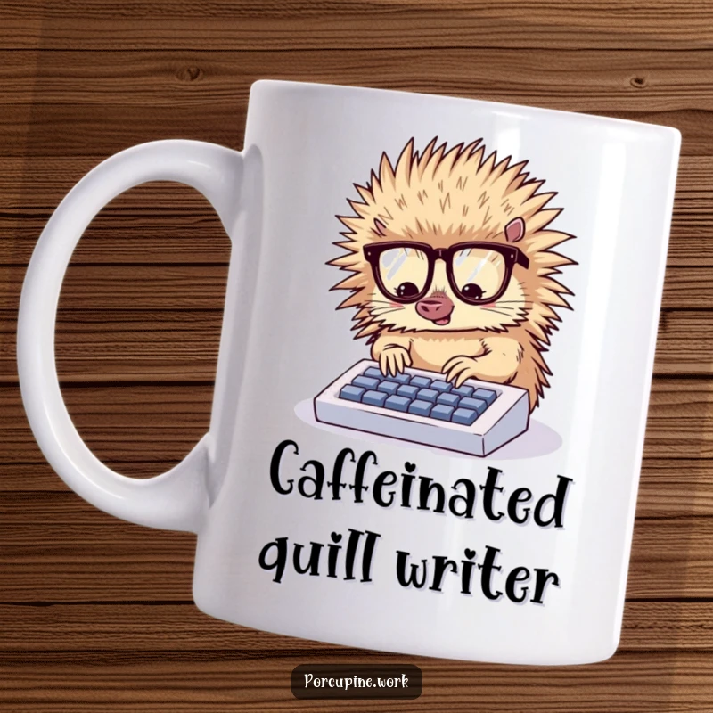 Funny mug showing a bespectacled porcupine diligently typing with enthusiasm on a tiny keyboard, conveying intense focus.