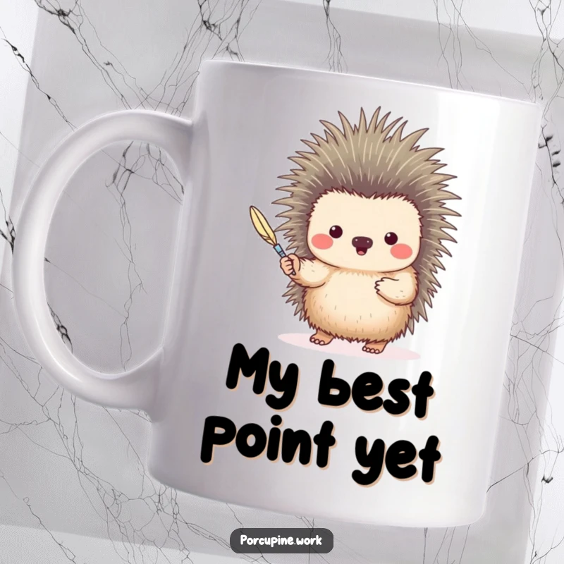 Funny porcupine holding out a single quill like a pen, offering it to the viewer.