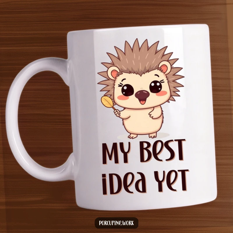 Funny quill presenter porcupine mug showing a happy porcupine with wide eyes, enthusiastically offering a single quill.
