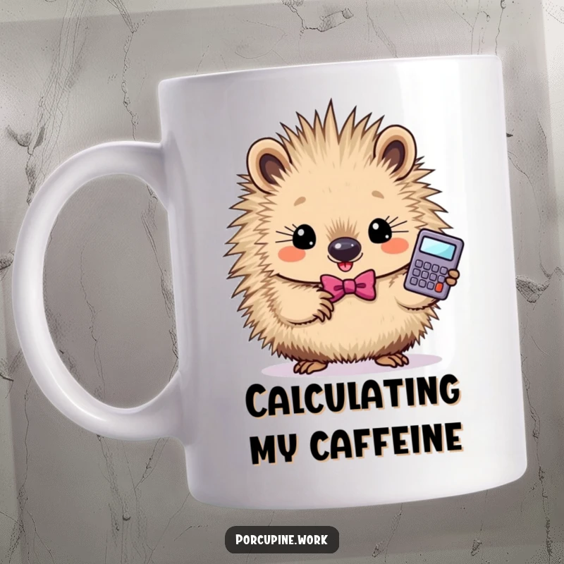 Funny smart porcupine mug showcasing a determined porcupine in a bowtie holding a calculator, symbolizing intelligence.