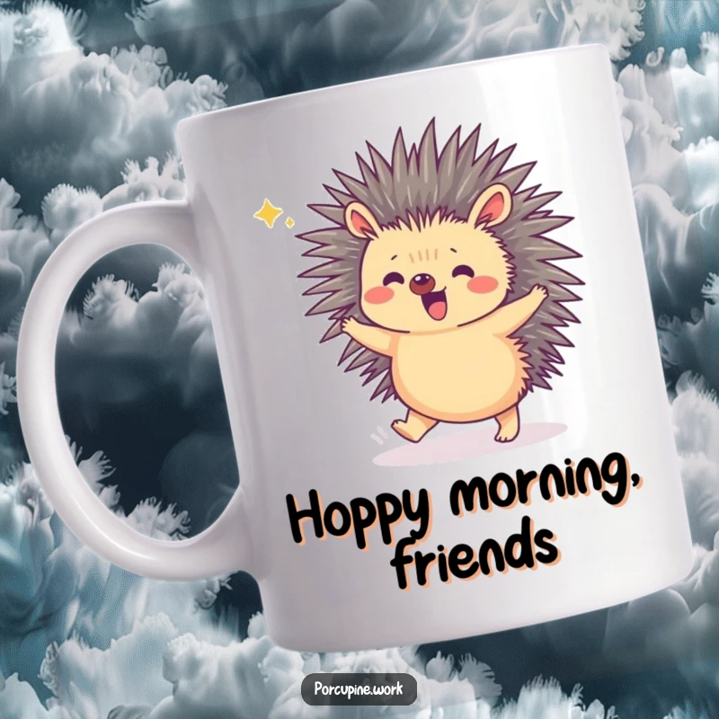 Funny mug with a porcupine joyfully doing a tiny hop to celebrate a small success, conveying pure, delightful happiness.