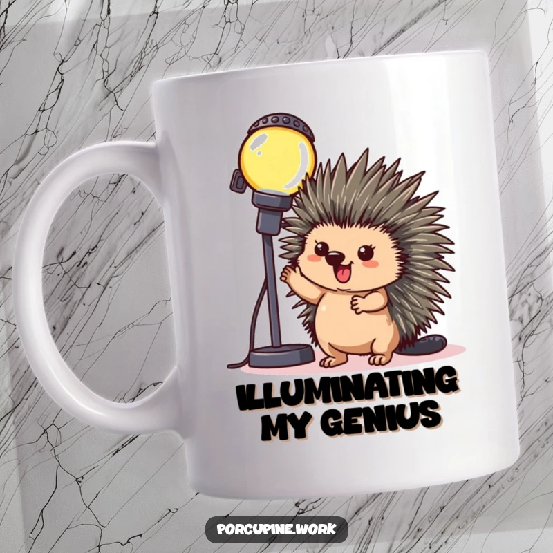 Funny Mug: A porcupine strikes a triumphant pose beside a large, blinking office light, celebrating workplace success.
