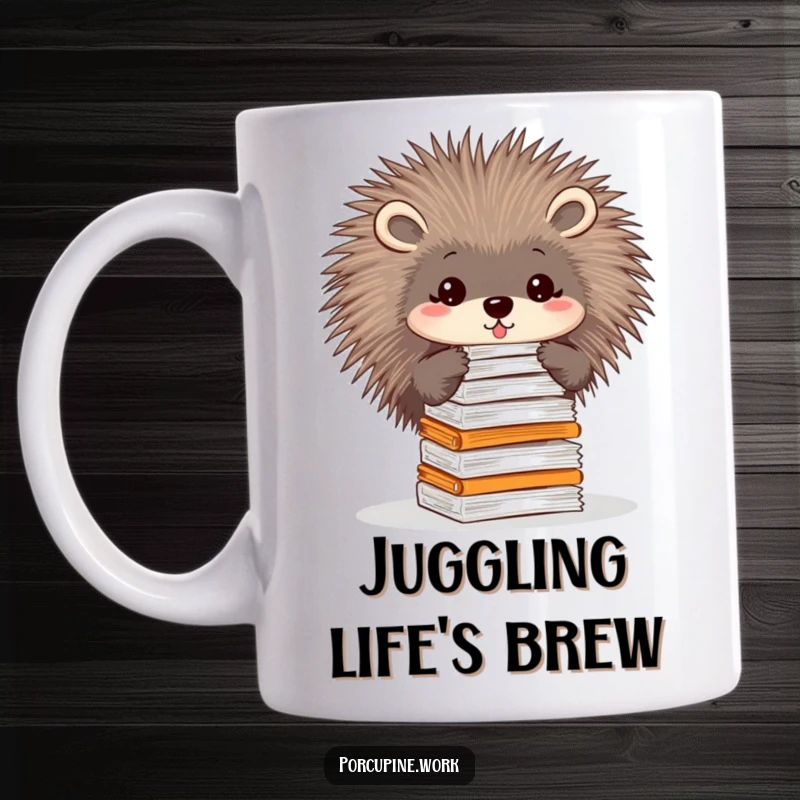 Funny mug showing a porcupine skillfully balancing a tall stack of papers on its sharp quills, depicting office chaos.