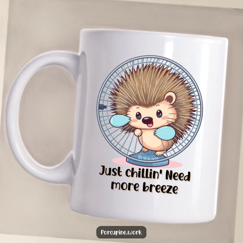 Funny mug with a porcupine peeking from behind a spinning office fan, depicting humorous workplace anxiety.