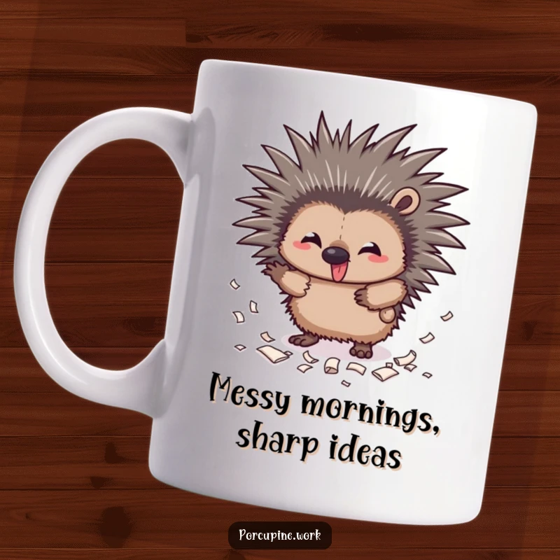Funny mischief porcupine mug showing a playful porcupine with outstretched quills scattering paper scraps with glee.