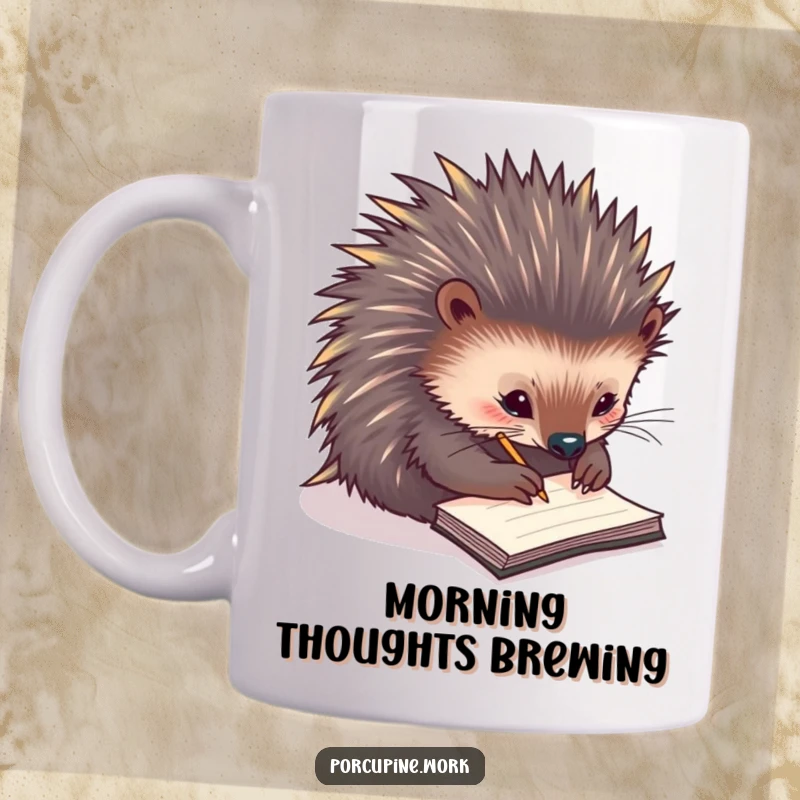 Funny mug featuring a porcupine diligently scribbling notes on a tiny notepad, expressing a busy and organized personality humorously.