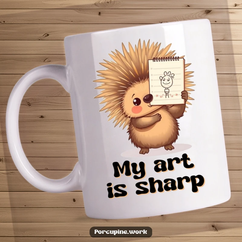 Funny Mug with a porcupine beaming with pride while holding up a meticulously drawn doodle on a notepad, celebrating artistic achievement.