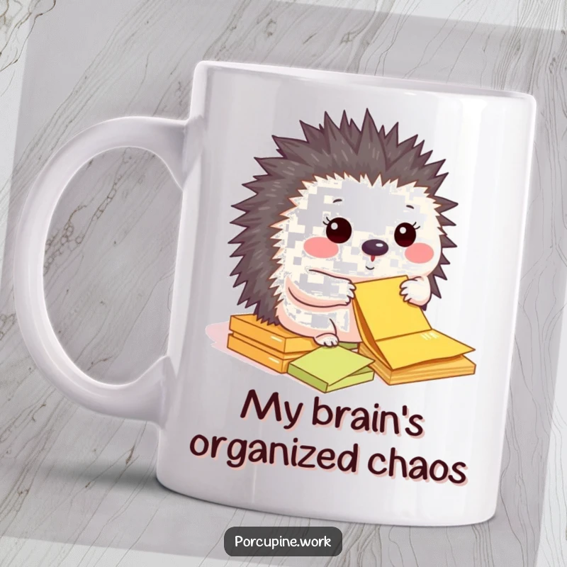 Funny mug featuring a happy porcupine diligently sorting colorful sticky notes with a smile.