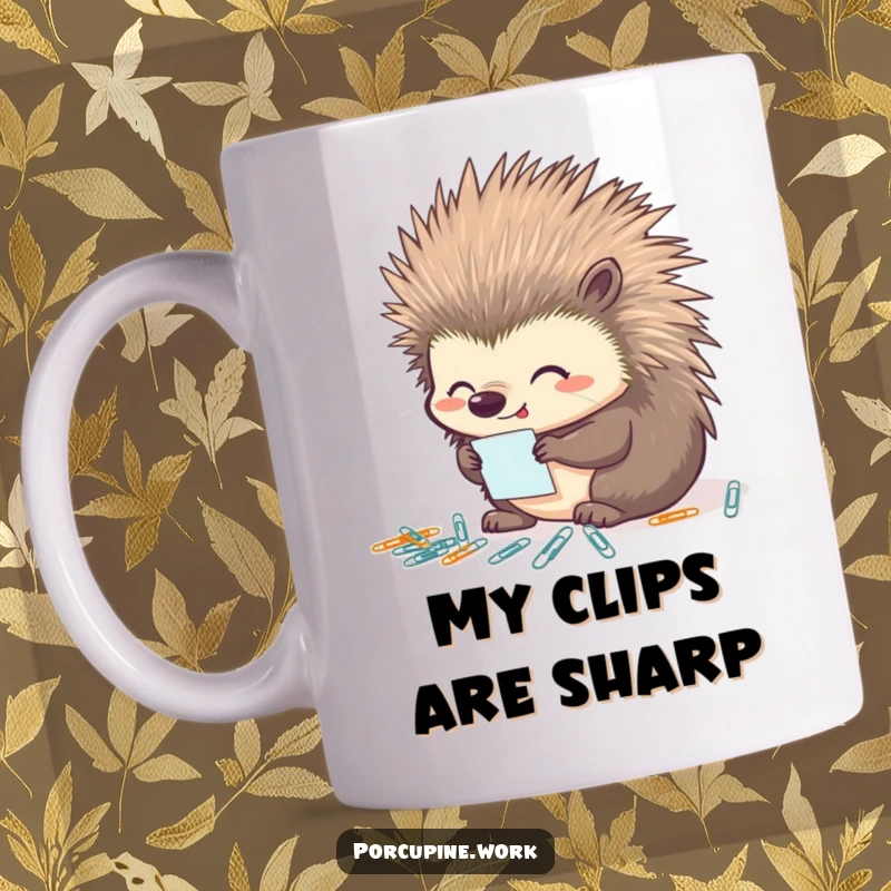 Funny porcupine mug showing a porcupine looking very pleased while meticulously organizing a pile of tiny paperclips, a master of order.