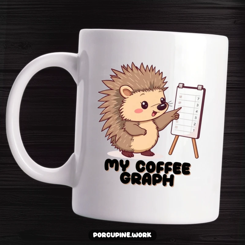 Funny mug with a porcupine pointing at a business chart with a single paw, symbolizing data analysis and office humor.