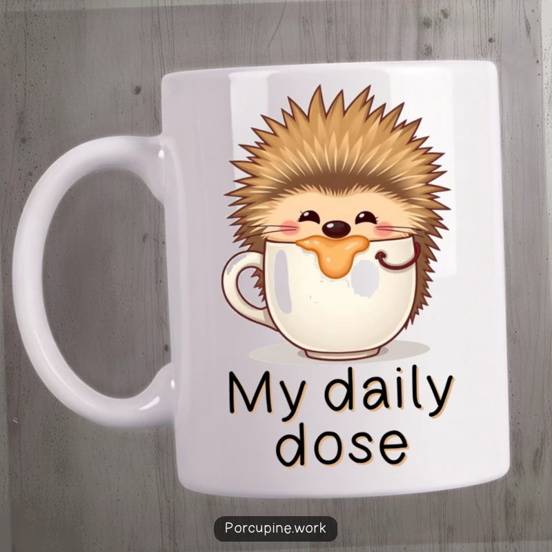 Funny mug showing a content porcupine happily sipping from a very large coffee mug, radiating morning satisfaction.