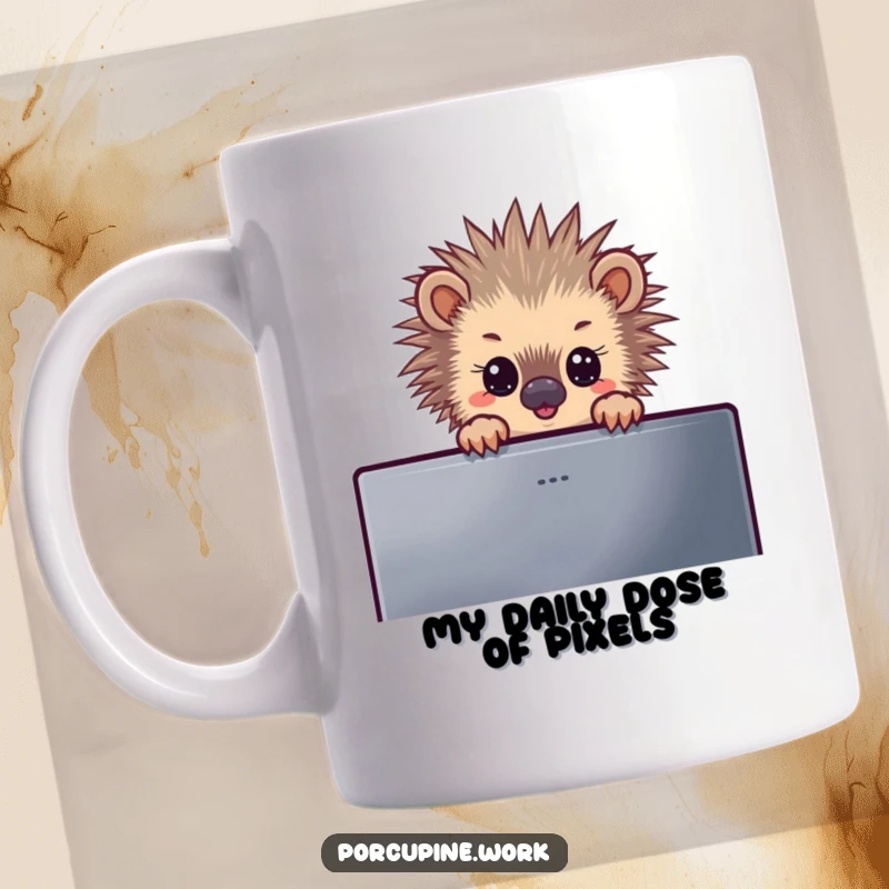 Funny mug featuring a curious porcupine peeking over a computer monitor with wide, innocent eyes, bringing workplace whimsy to life.