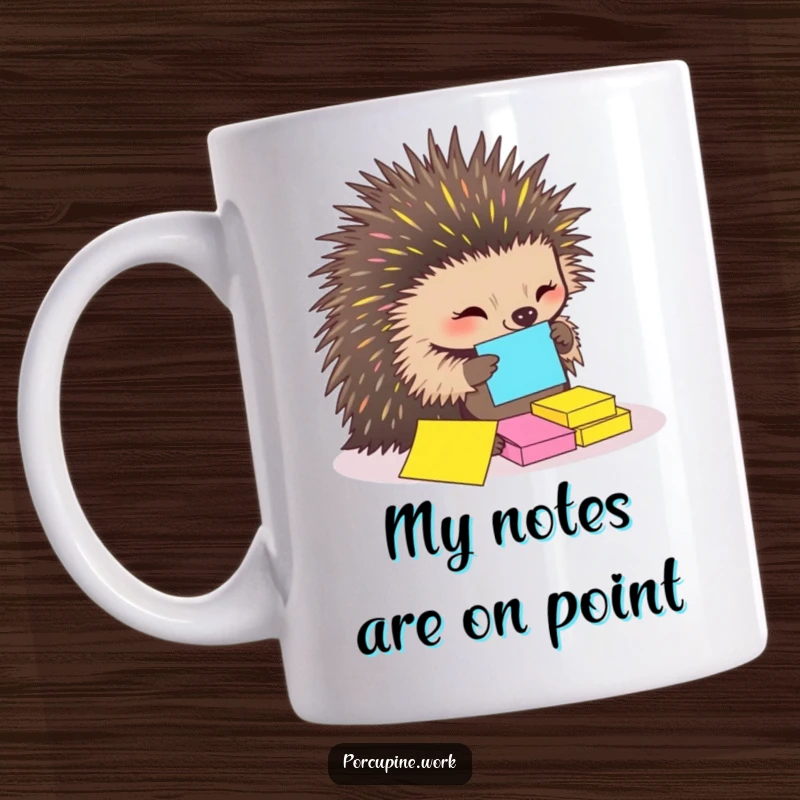 Funny Mug featuring a porcupine using its sharp quills to perfectly arrange colorful sticky notes, showcasing meticulous organization and a witty personality.