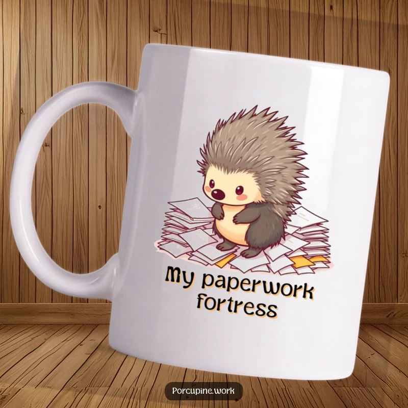 Funny porcupine mug showing a determined porcupine standing proudly atop a huge pile of office papers, representing workload struggles.