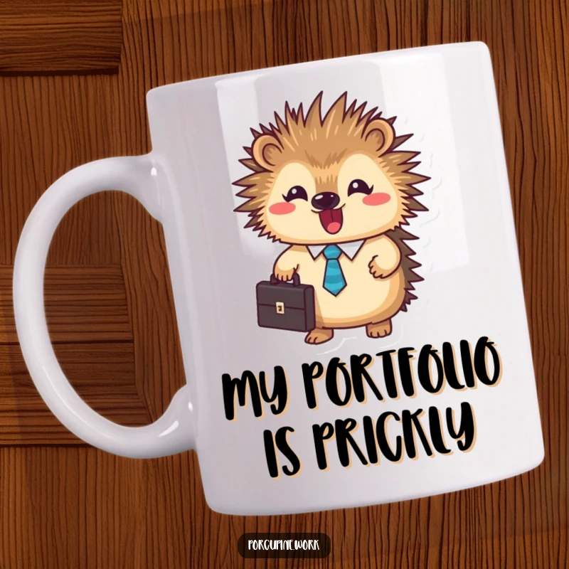 Funny business porcupine mug showcasing a round, tie-clad porcupine clutching a briefcase, ready for a productive and amusing workday.