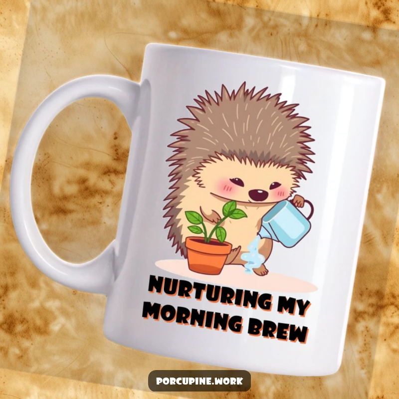 Funny mug featuring a porcupine enthusiastically watering a small potted desk plant with a watering can, symbolizing office greenery and joy.