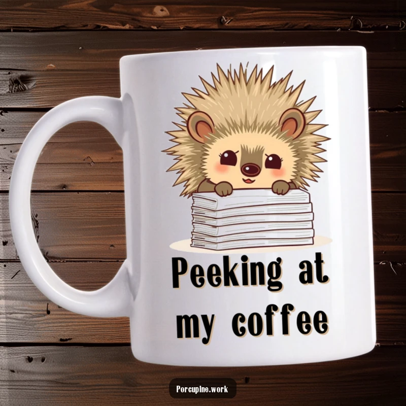Funny mug featuring a curious porcupine tilting its head while peeking over a high stack of office paperwork, symbolizing investigation.