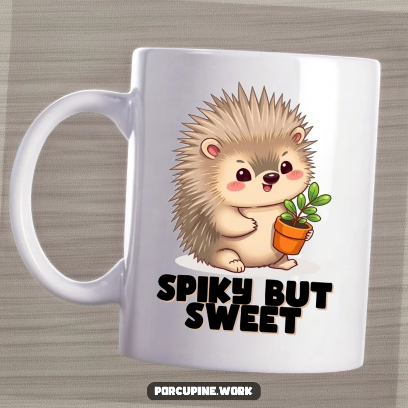 Funny Mug: A porcupine with a gentle smile offers a miniature potted plant, symbolizing growth and humor.