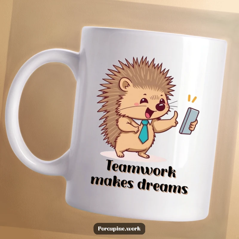 Funny mug featuring a porcupine in a tiny tie enthusiastically high-fiving an unseen coworker, symbolizing team success.