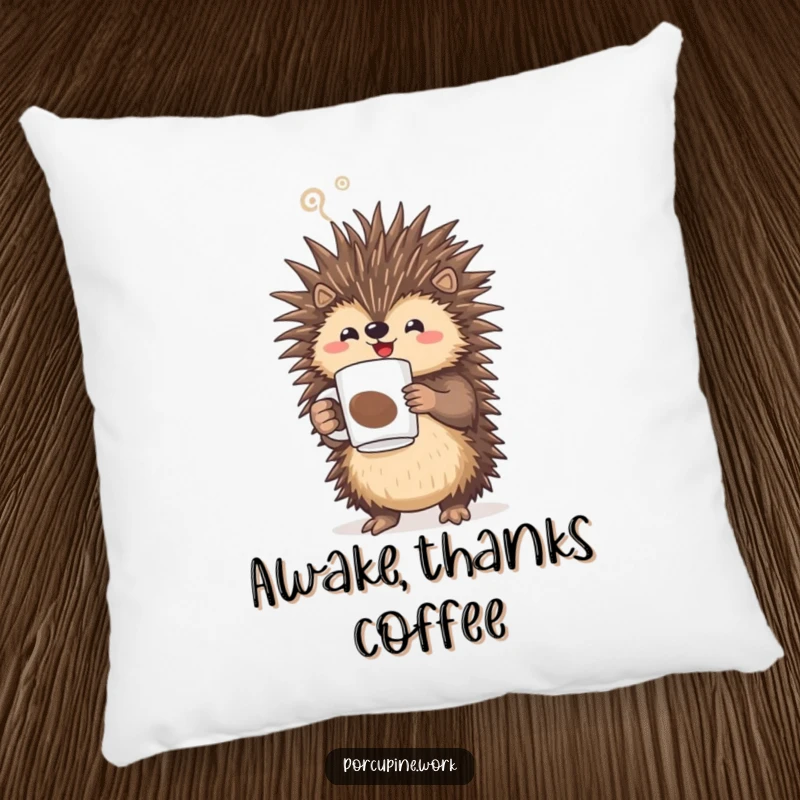 Funny porcupine triumphantly holding a steaming coffee mug, a soft and humorous pillow for coffee enthusiasts.