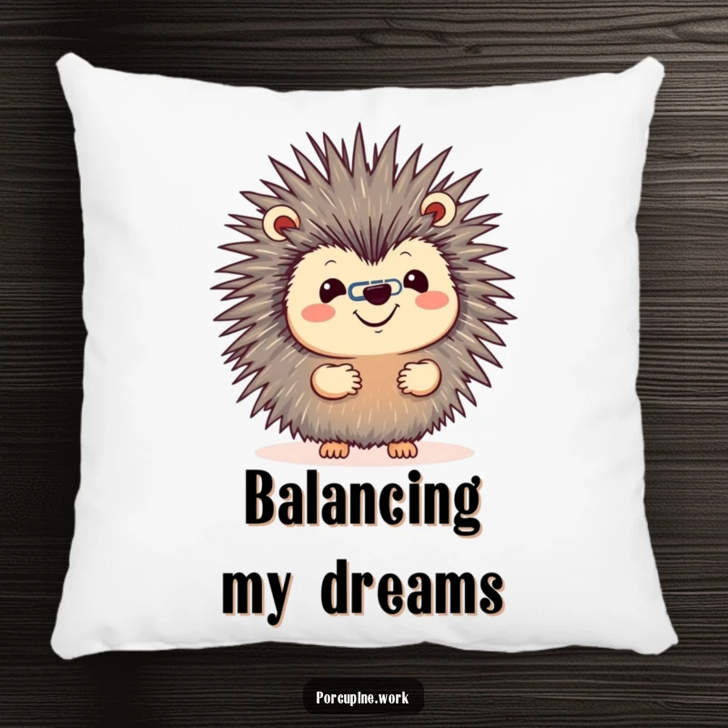 Funny pillow featuring a porcupine with a grin balancing a paperclip on its nose, offering comfort and a dose of office skill humor.