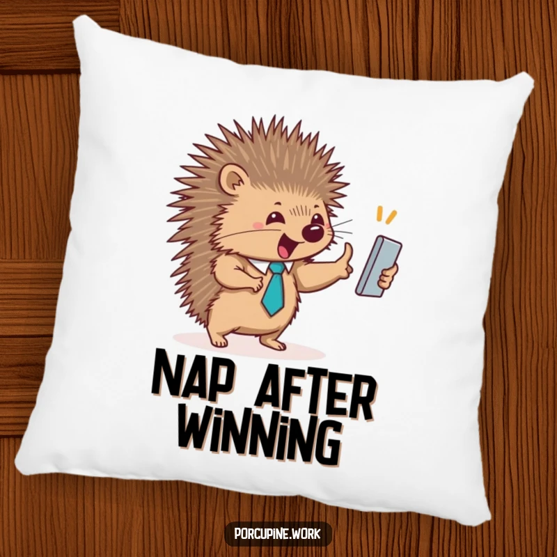 Funny pillow illustration of a porcupine in a tiny tie enthusiastically high-fiving, offering cuddly comfort and team spirit.