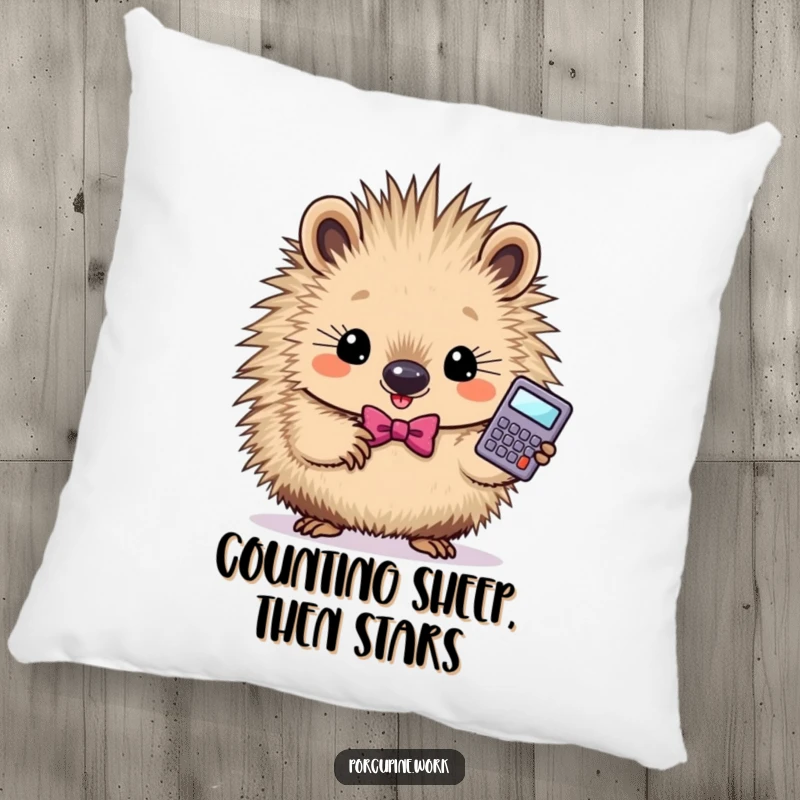 Funny smart porcupine pillow depicting a determined porcupine in a bowtie holding a calculator, soft and amusing.