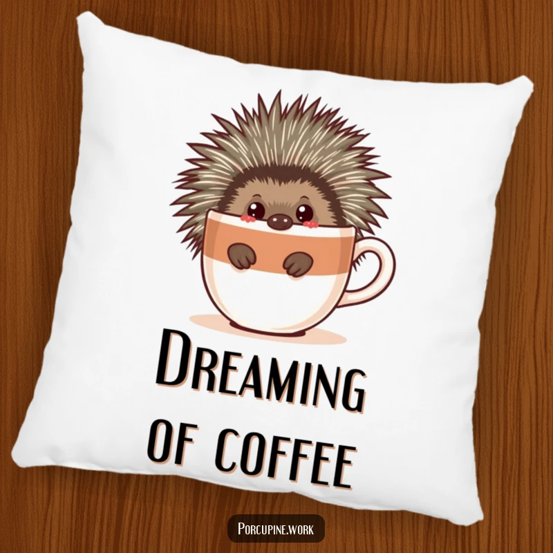 Funny pillow with a porcupine peeking around a large coffee cup, offering comfort and a daily dose of coffee-related humor.