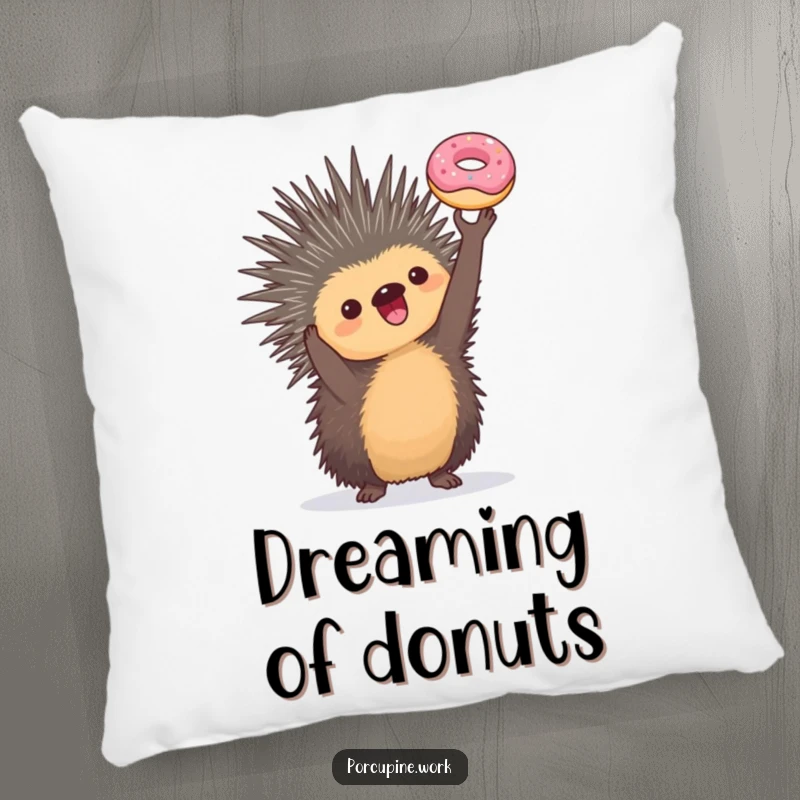 Funny pillow featuring a porcupine triumphantly holding a tiny donut, soft enough for hugs and stylish enough for decor.