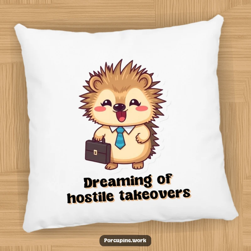 Funny business porcupine pillow depicting a round, tie-wearing porcupine with a briefcase, offering comfort and humor.