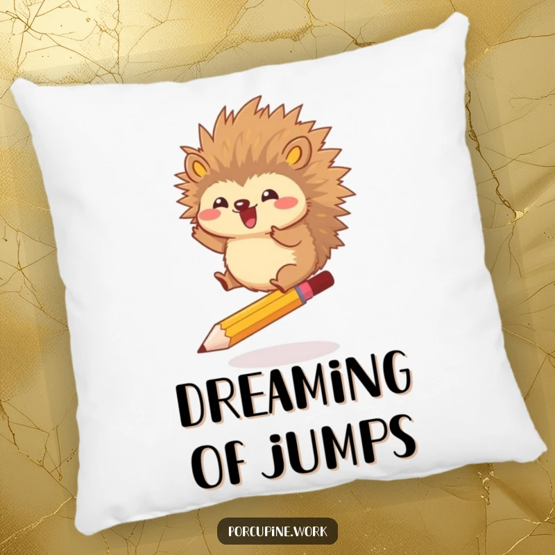 Funny pillow featuring a porcupine gleefully jumping over a pencil, offering comfort and a humorous reminder to embrace challenges with joy.