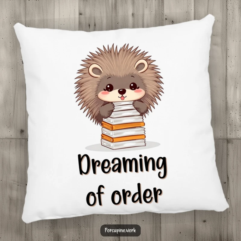 Funny pillow showcasing a porcupine expertly balancing a stack of papers on its quills, offering cozy support and humor.