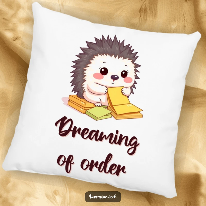 Funny pillow featuring a happy porcupine sorting colorful sticky notes.