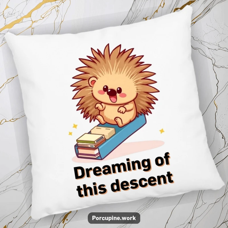 Funny pillow featuring a porcupine sliding with glee down a ramp of file folders, offering comfort and a dose of office humor.