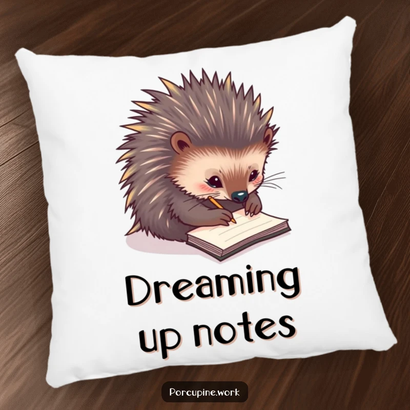 Funny pillow featuring a porcupine scribbling notes on a tiny notepad, offering comfort and a humorous reminder to capture ideas.