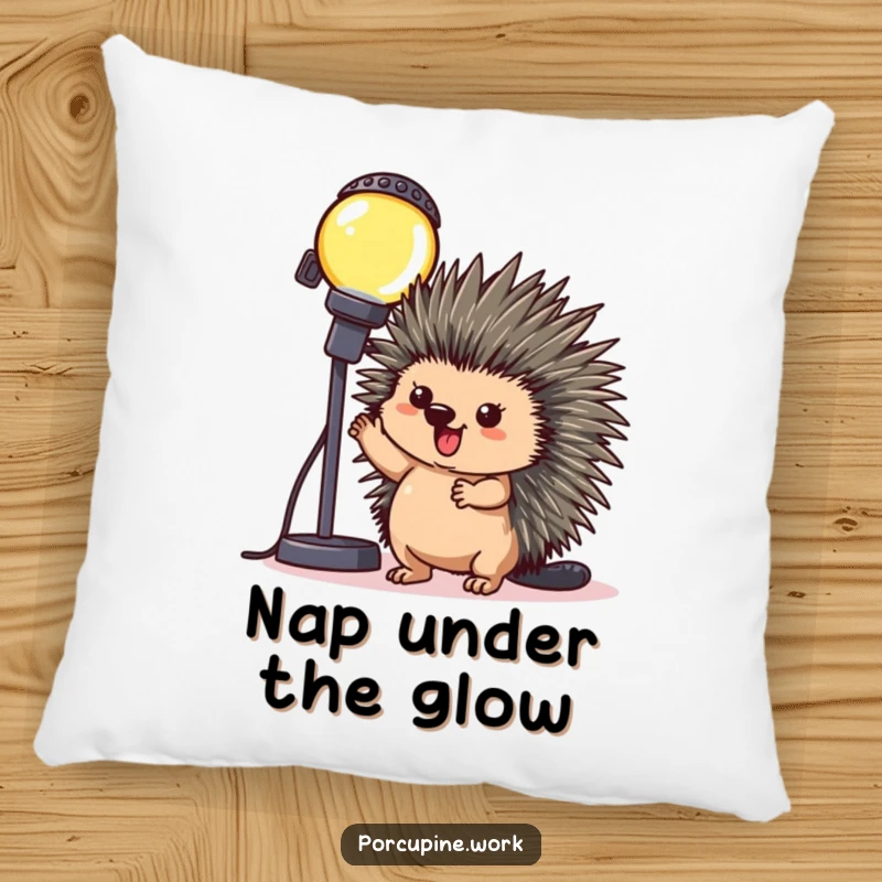 Funny Pillow: A porcupine poses triumphantly beside a blinking office light, offering cozy comfort and humorous celebration.