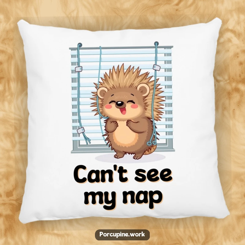 Funny porcupine comically tangled in office blinds, a soft and humorous pillow for relaxation.