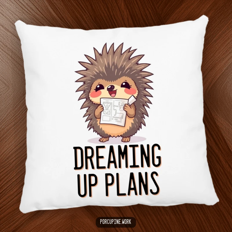 Funny porcupine cheering while holding a rolled-up blueprint, a soft and humorous pillow for creative minds.