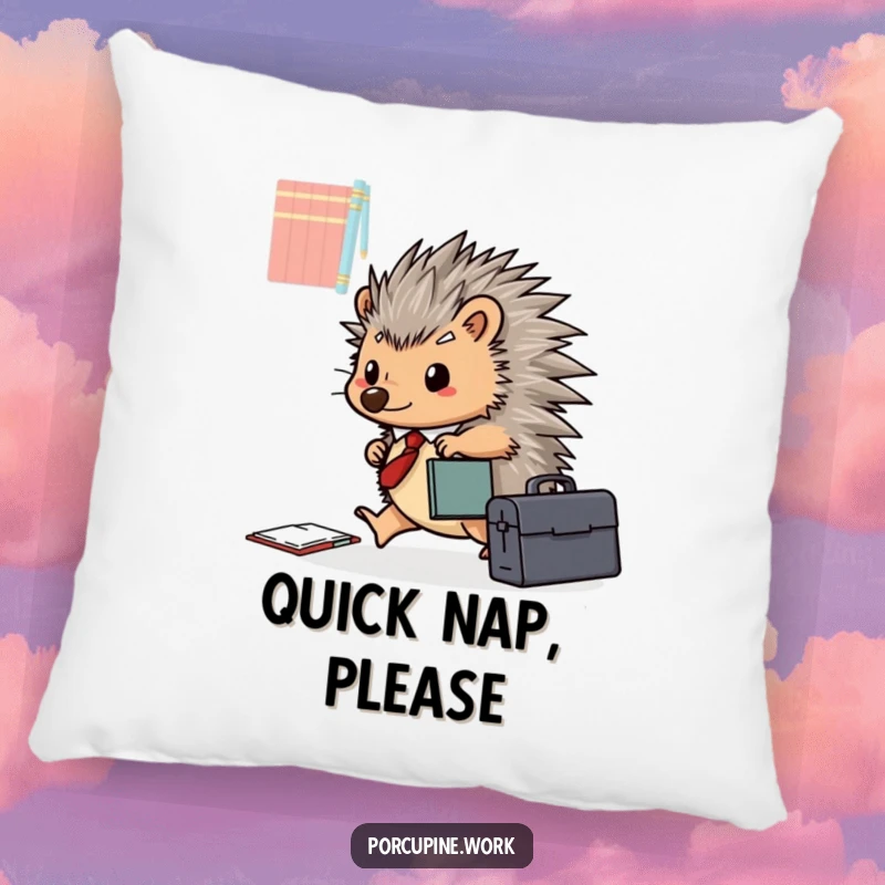A funny porcupine with a briefcase happily scurries across a desk, bringing professional charm to this soft pillow.