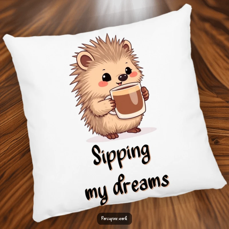 Funny porcupine holding a large coffee mug with a pleased expression, a soft and humorous decorative pillow.